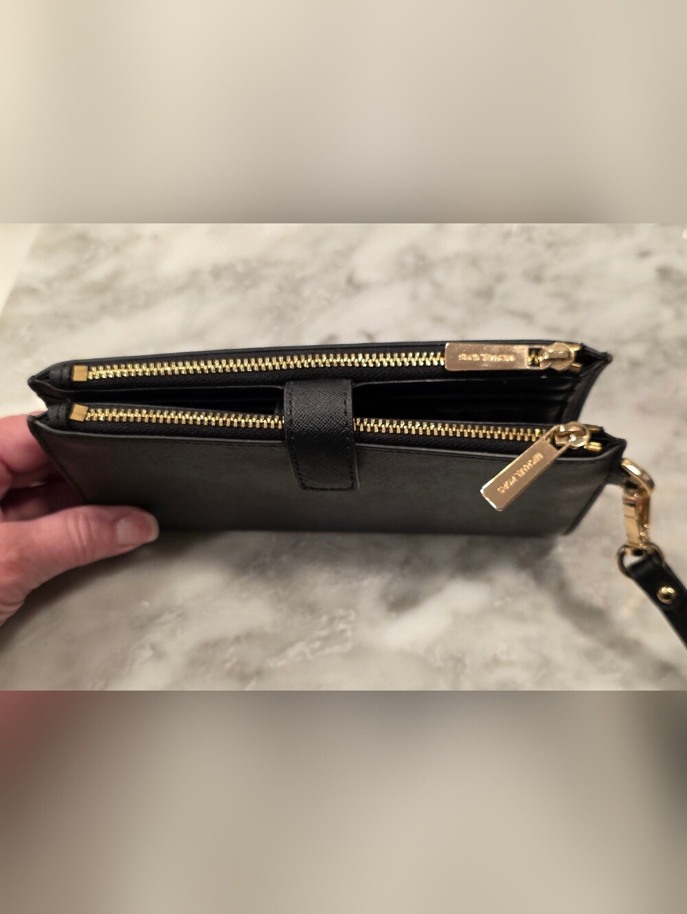 Like New Michael Kors Black Leather Double-Zip Wristlet with Gold Hardware